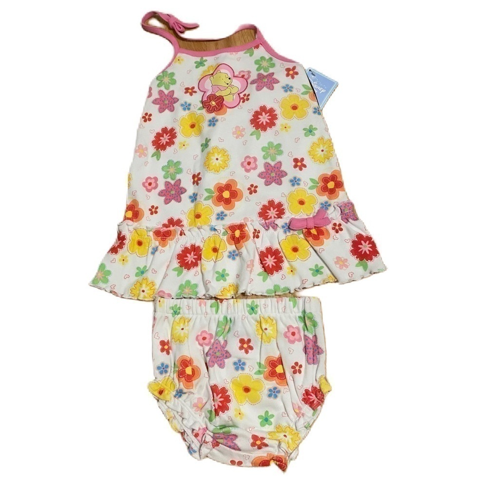 Vintage Disney Winnie the Pooh Dress NEW 12 Months 90s Floral White Pink Yellow